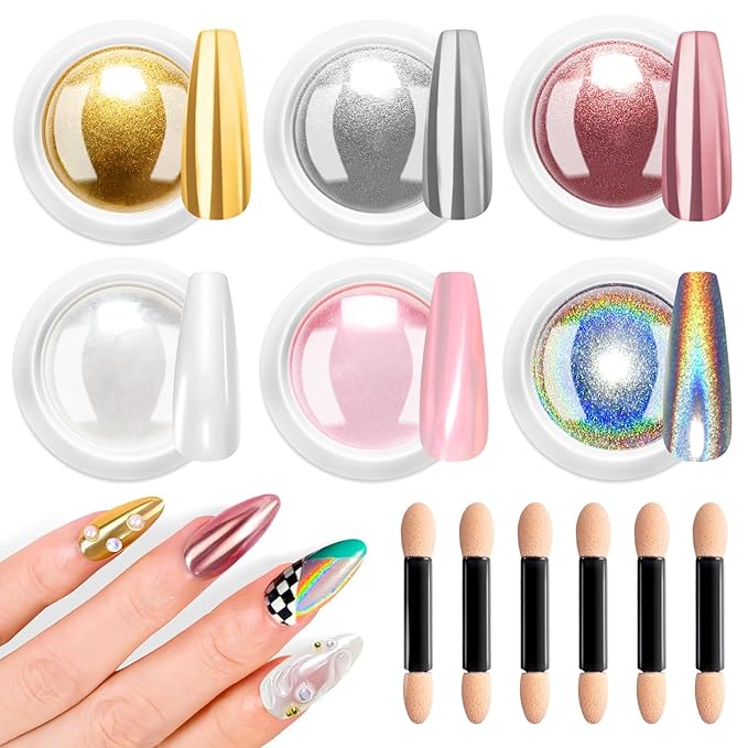 Chrome Nail Powder Kit 6 PCS - Gold Chrome Nail Powder with Pearl Chrome & Effect,Metallic Mirror Holographic Nail Powder for Gel Nails DIY Home Salon Manicure White Silver Pink Blue
