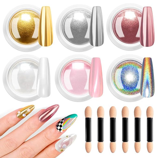 Chrome Nail Powder Kit 6 PCS - Gold Chrome Nail Powder with Pearl Chrome & Effect,Metallic Mirror Holographic Nail Powder for Gel Nails DIY Home Salon Manicure White Silver Pink Blue