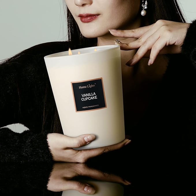 HomeLights Highly Scented Soy Candles Big 33.3 oz for Home. 3 Cotton Wicks, Smokeless Long Lasting 130 hrs in Vanilla Cupcake. 5x6, Great Gift for Women & Men