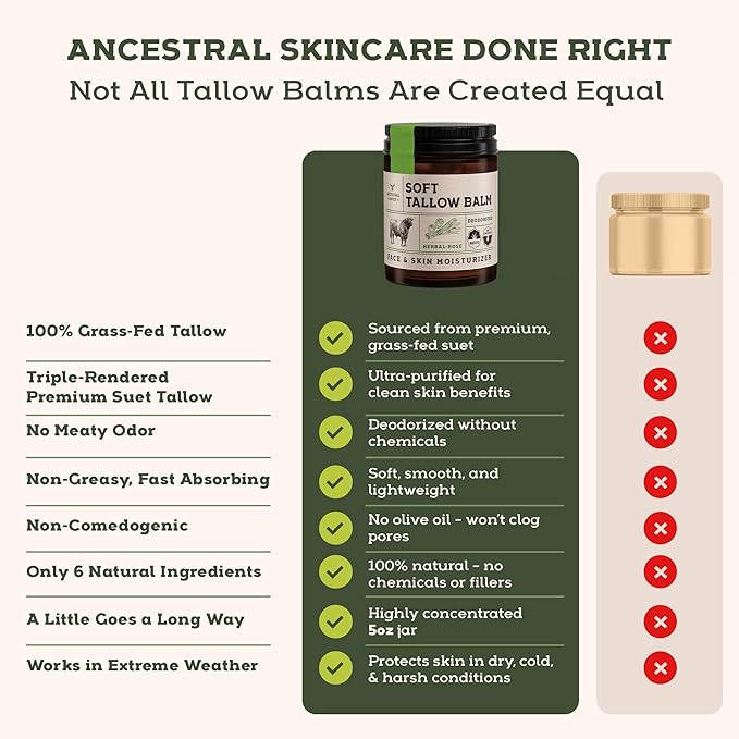 Beef Tallow for Skin - Tallow And Herbal Balm For Face - Tallow Face Moisturizer - Beef Tallow Moisturizer - Tallow Balm - Grass Fed Beef Tallow For Skin - Tallow Face Cream Lotion (5.0, Herbal-Rose)