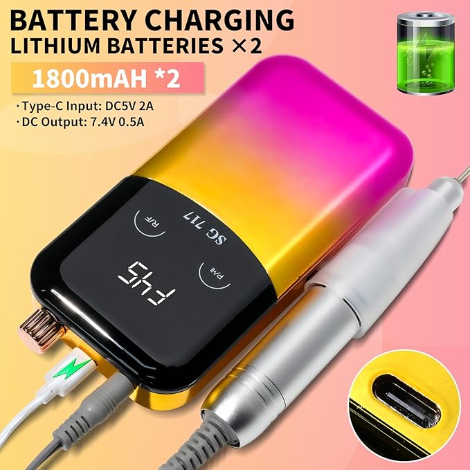 LIMEGIRL Professional Electric Nail File Drill Bits Kit 45000RPM for Acrylic Toenail Machine Clippers with 14 Drill Bit Gradient Yellow Portable Rechargeable Cordless