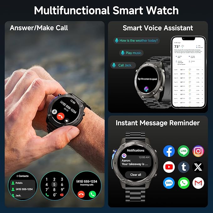 GPS Smart Watch for Men Military Rugged Smartwatches,Compass,50M Waterproof, 500mAh Large Battery,Answer/Make Call, 1.43" AMOLED Screen, Compatible for Android iOS (2 Bands) Black