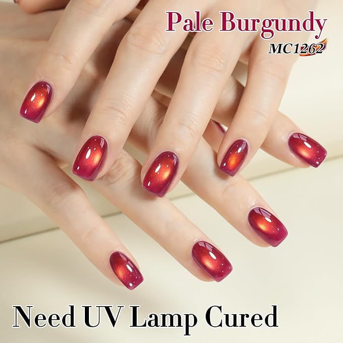 Double Rhythm 0.5 OZ Cat Eye Gel Polish with Magnet 15ML Holographic Glitter Shimmer Translucent Jelly Color Magnetic Nail Polish Salon DIY at Home (Burgundy Golden-MC1262)