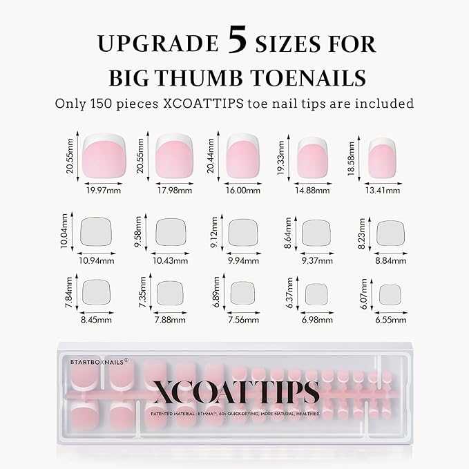 BTArtboxnails XCOATTIPS Toe Nail Tips - Upgrade Bigger Size French Tip Press On Toenails for Women, Pink Soft Gel Toenail Press Ons, 150pcs Soak Off Fake Toe Nails