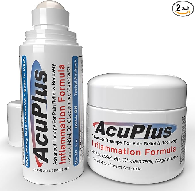 AcuPlus - Topical Pain Relief Anti Inflammatory Cream & Roll On Combo - Soothes Muscles & Joints - Muscle Rub Cream for Arthritis, Bursitis, & Tendonitis - 4 oz. Jar & 3 fl. oz. Roll On