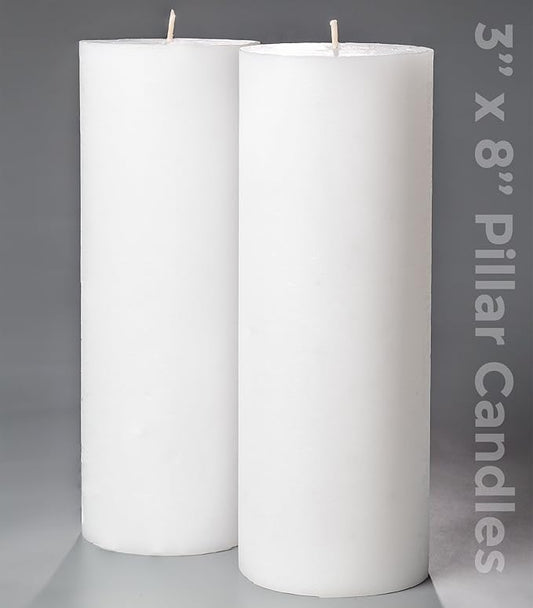Set of 2 Pillar Candles 3" x 8" Unscented Handpoured Weddings, Home Decoration, Restaurants, Spa, Church Smokeless Cotton Wick - White