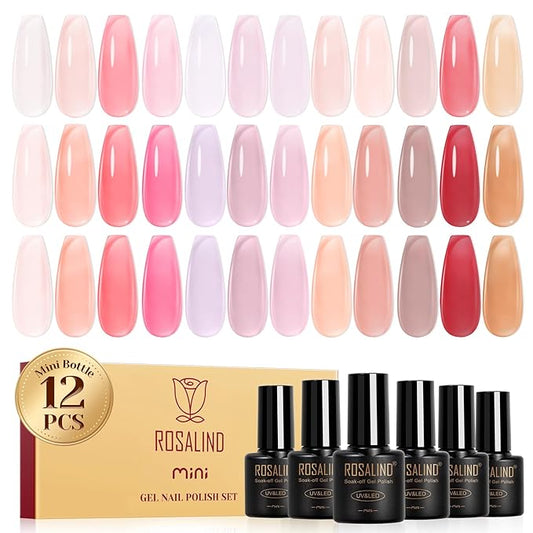 ROSALIND 12PCS Jelly Gel Polish, Clear Translucent Gel Nail Polish Set Sheer Transparent Effect Soak Off UV Set Nude Pink Nail Art Collection Salon DIY at Home Gifts for Women