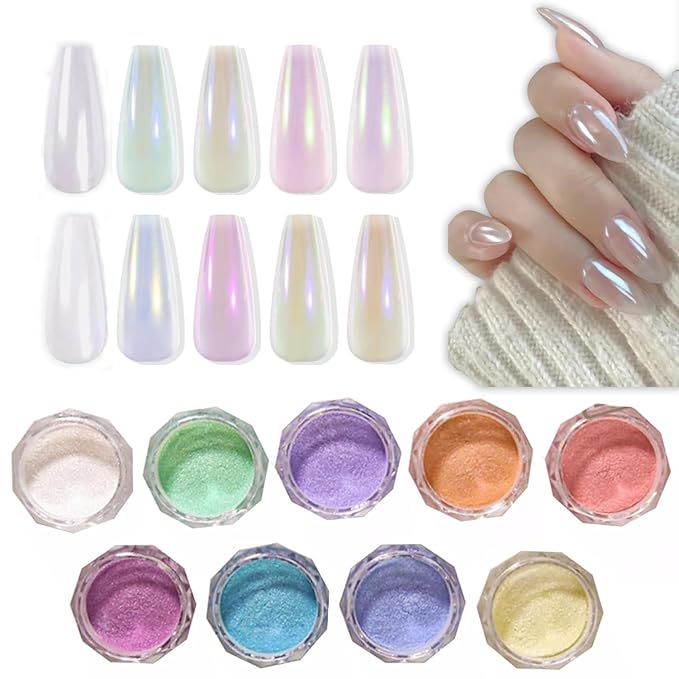 Holographic Mirror White Pearl Chrome Nail Powder Gold Effect Pure Metallic Dust Sequins UV Gel Nail Chrome Powder Pigment for Nail Art Decoration (Multicolour)