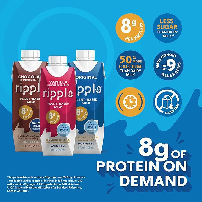 Ripple Non-Dairy Milk, Vanilla | Vegan Milk With 8g Pea Protein | Shelf Stable Single Serve Cartons | On-The-Go | Non-GMO, Plant Based, Gluten Free | 8 oz (Pack of 12)
