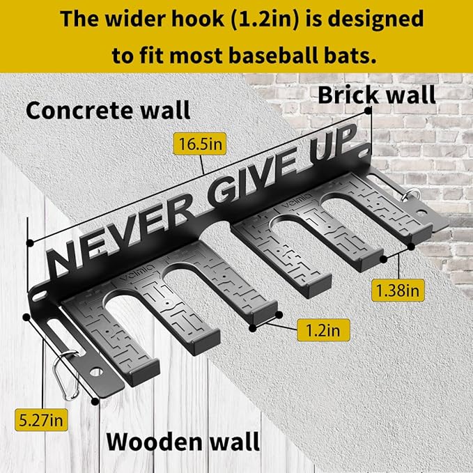 veimia Baseball Bat Holder Wall Mount, Baseball Bat Storage Rack, Holds 10 Bats on Wooden or Concrete Wall, Metal Bat Hanger with Fully Wrapped Rubber Mat, Hardware Included.
