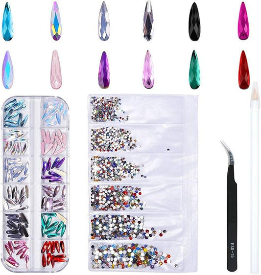 1848 Pcs Glass Nail Rhinestones Set(120+1728 pcs), Mix Colors Drop Shape 3x10mm Gems Stones For Nails Art Decorations