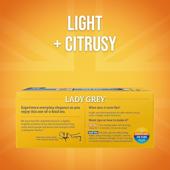 Twinings Lady Grey Black Tea Individually Wrapped Bags, 100 Count (Pack of 1), Orange Peel & Lemon Peel, Fresh and Uplifting, Caffeinated, Enjoy Hot or Iced, 100 Teabags