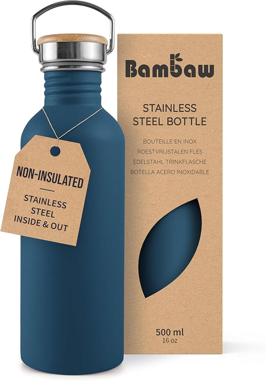 Bambaw Small Metal Water Bottle 16 oz, Navy Blue, Non-insulated Single Wall Stainless Steel, Reusable, No Straw Aegean Blue