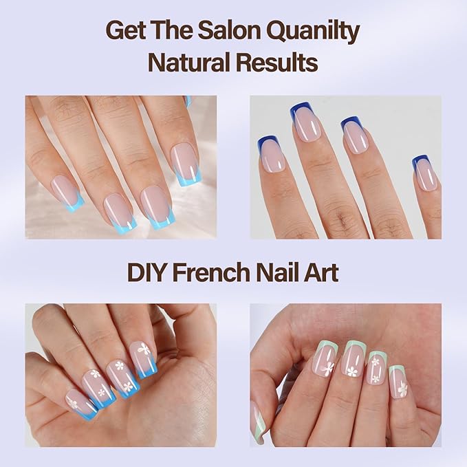 Misssix XBASICTIPS Blue French Tip Press On Nails, 150Pcs French Gel Nail Tips Short Square, Soft Gel Pre-shaped No Need to File 3 in 1 Tips, Fake Nails for Nail Art DIY Extension Designs 15 Sizes