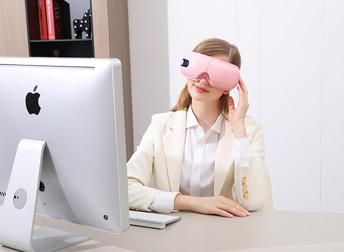 Eye Massager with Airbag Kneading,Constant Temperature Hot Compress, Multi-Frequency Vibration and Bluetooth Music (Blush Pink, Large)