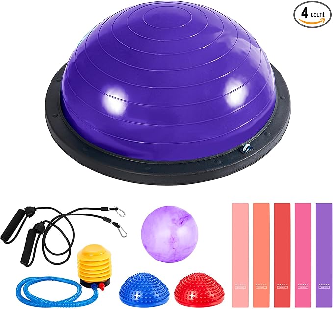 Honoson Half Ball Trainer Yoga Ball with Resistant Band Foot Pump Set, Half Exercise with Fitness Elastic Belt Hedgehog Balance Pods for Core Stability Full Body Workout Gym
