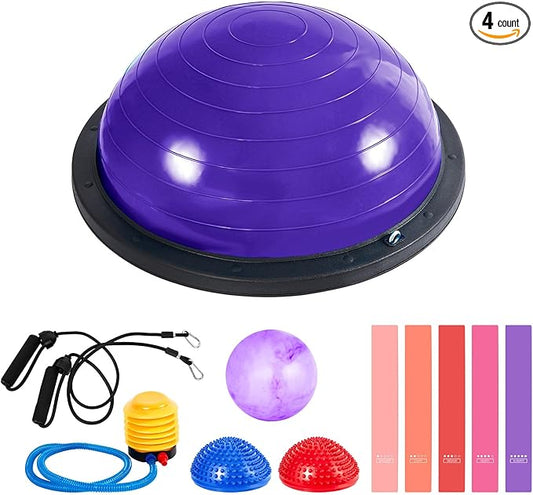 Honoson Half Ball Trainer Yoga Ball with Resistant Band Foot Pump Set, Half Exercise with Fitness Elastic Belt Hedgehog Balance Pods for Core Stability Full Body Workout Gym