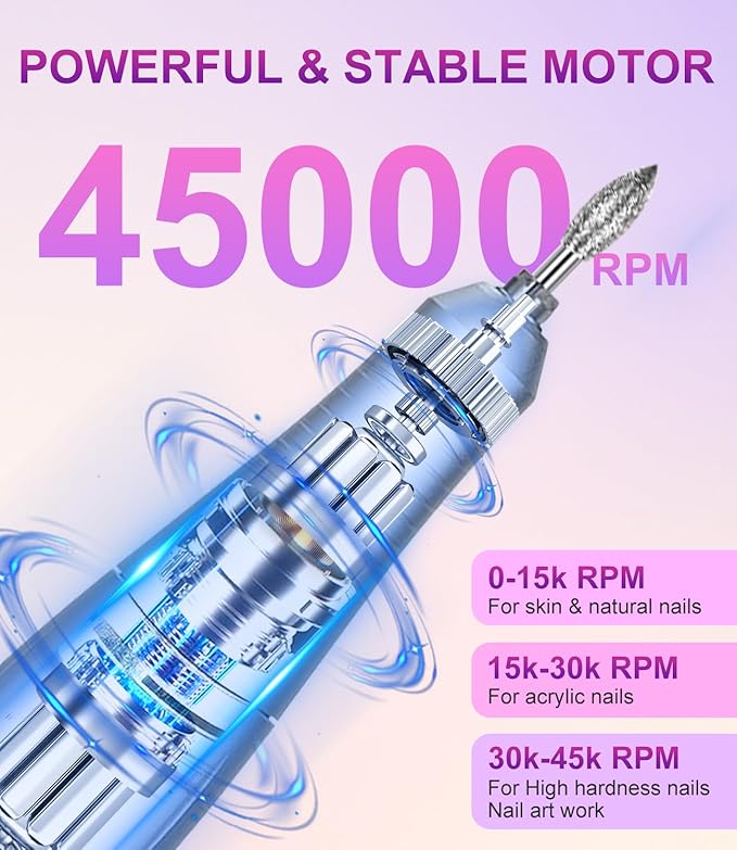 Electric Nail Drill Professional, 45000 RPM Rechargeable Nail Drill Kit, Electric Nail File for Acrylic, Manicure & Pedicure & Polishing Tools for Home Salon, Pink
