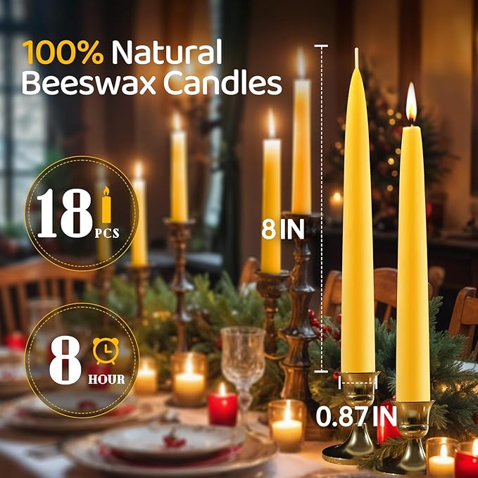 18 Pack Beeswax Taper Candles, 8 in Dripless Pure Beeswax Candle Sticks,8 Hours Long Burning Natural Bees Wax Candles for Home,Unscented Smokeless Tapered Candlesticks for Dinner
