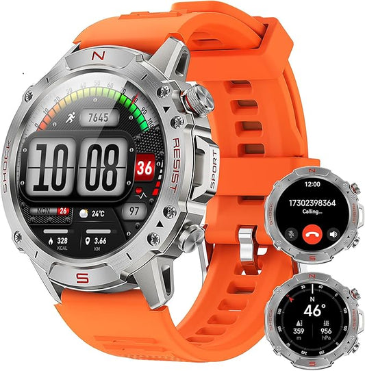 WalkerFit Smart Watch for Men, 1.43" Round AMOLED, 5ATM Waterproof, Heart Rate & Sleep Monitor,Long Battery,Outdoor Activity Tracker,Voice Control&Bluetooth Call,Compatible with iPhone Android, Orange