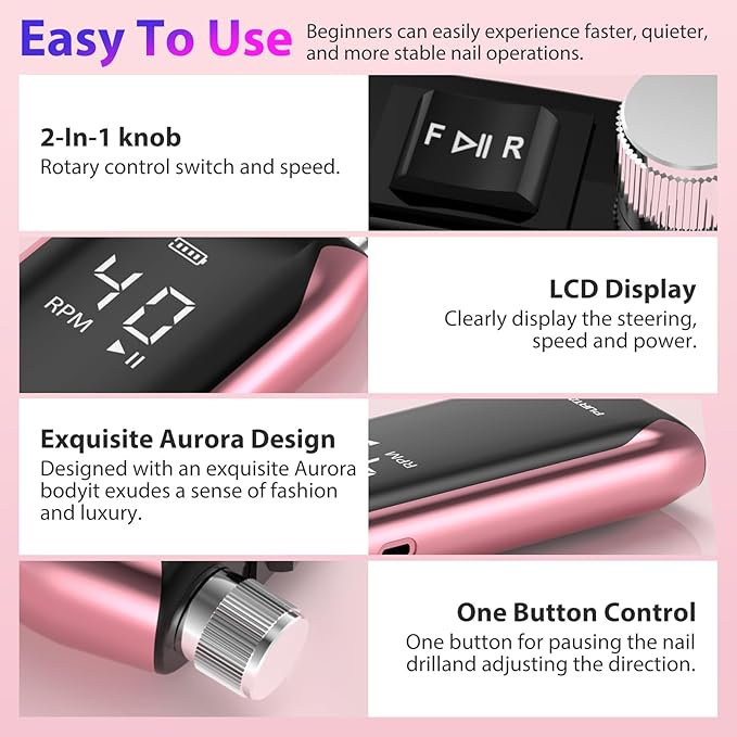 Professional Nail Drill 40,000 RPM, Rechargeable,LCD Display E File Machine for Acrylic Nails Gel Polishing Removing Portable Nails Efile Tools for Manicure Salon & Home (Pink)