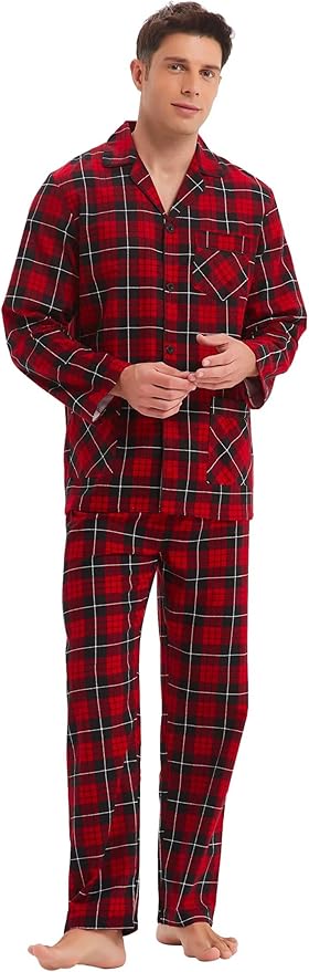 GLOBAL Men's Pajamas Sets 100% Cotton Flannel Sleepwear Long-Sleeve top & Bottom