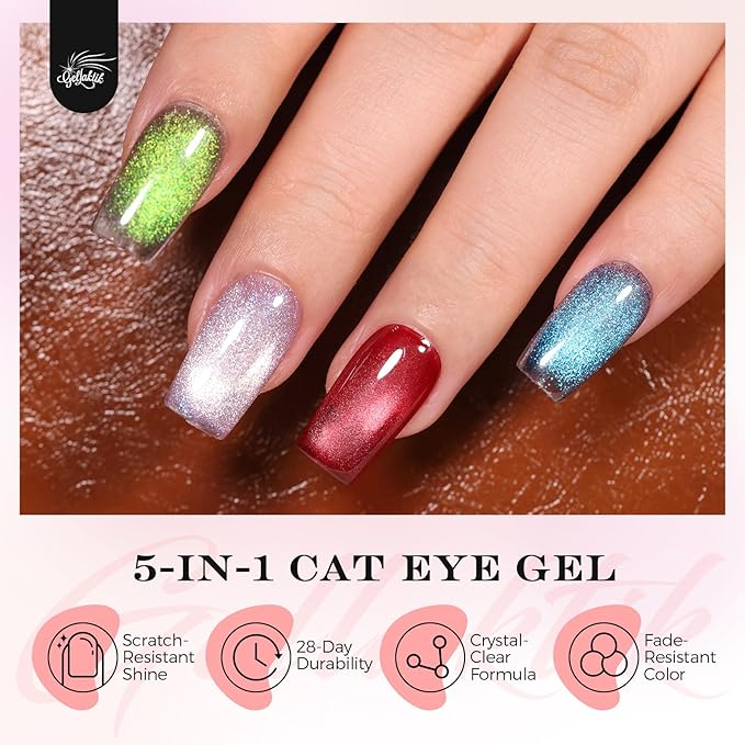 5-in-1 Cat Eye Gel Polish Kit, 6PCS-7.5ml No Base/Top Coat Needed, All-in-One Formula, Beginner-Friendly Magnetic Nail Art Set with Magnet Sticks, Fast Curing for Home DIY Manicure