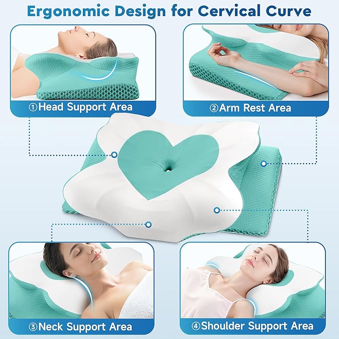 Cervical Neck Pillow, Memory Foam Neck Support Pillows for Sleeping, Shoulder Pillow for Side Sleepers, Back Stomach Sleepers, CertiPUR-US Certified, Queen Size, Green