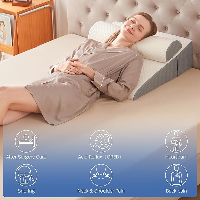 7.5" Bed Wedge Pillow for Sleeping with Headrest, Wedge Pillow Set for After Surgery Acid Reflux Back Pain Relief, Snoring & Gerd Memory Foam Triangle Incline Headboard Wedge Pillows