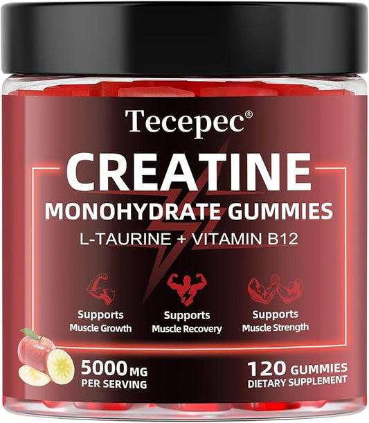 Creatine Monohydrate Gummies for Men & Women, 120 Count, 5000mg Per Serving with L-Taurine & Vitamin B12, Creatine Supplement for Building Muscle, Strength and Recovery, Vegan, Apple Flavor