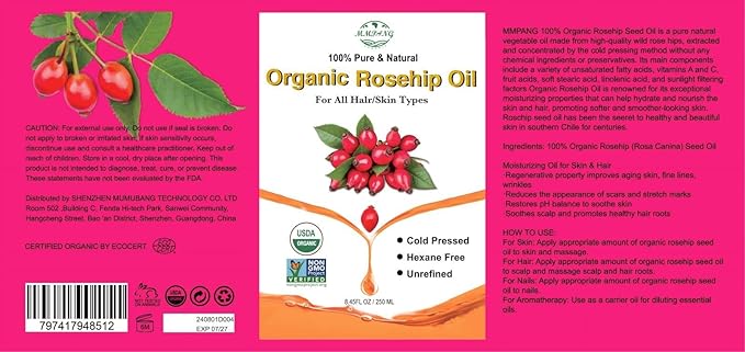 Rosehip Seed Oil for Face, 100% Pure Natural Organic Rosehip Oil Cold Pressed Unrefined Facial Oil for Anti-Aging, Acne Scar, Moisturizing Skin Hair Care (No Dropper, 8.45oz/250ml)