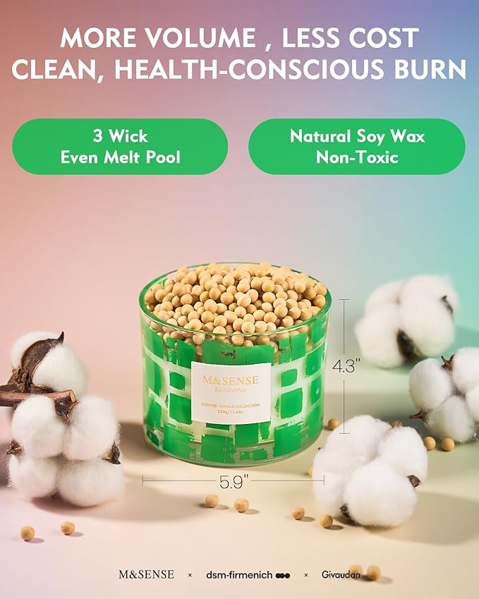 M&SENSE Eucalyptus Scented Candle, Soy Wax 11.6oz 60 Hours Long Lasting Burn, 3 Wick Organic Highly Scented Holiday Candle for Home, Party Ambiance, Fall/Winter Relaxing Gifts for Women