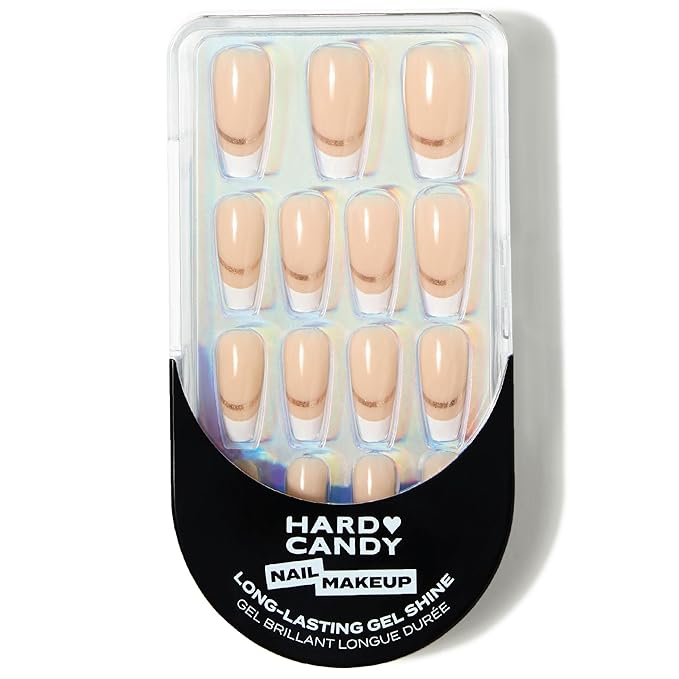 French Tip Press-On Nails – Hard Candy Glossy Gel-Shine False Nail Kit with Nail Glue, 30 Pieces, Reusable (Gold, Long)