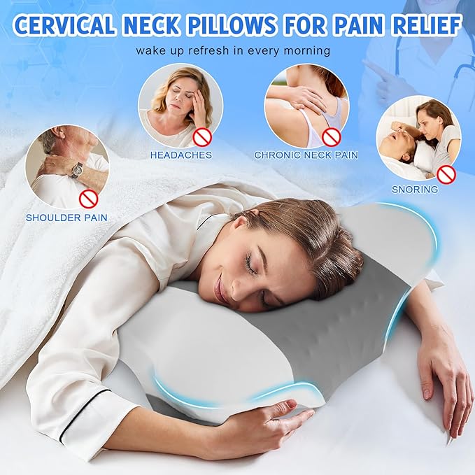 Cervical Neck Pillows with Memory Foam - Ergonomic Neck Support Pillows for Pain Relief Contour Memory Foam - Adjustable Orthopedic Bed Pillows with Breathable Pillowcase for Sleeping