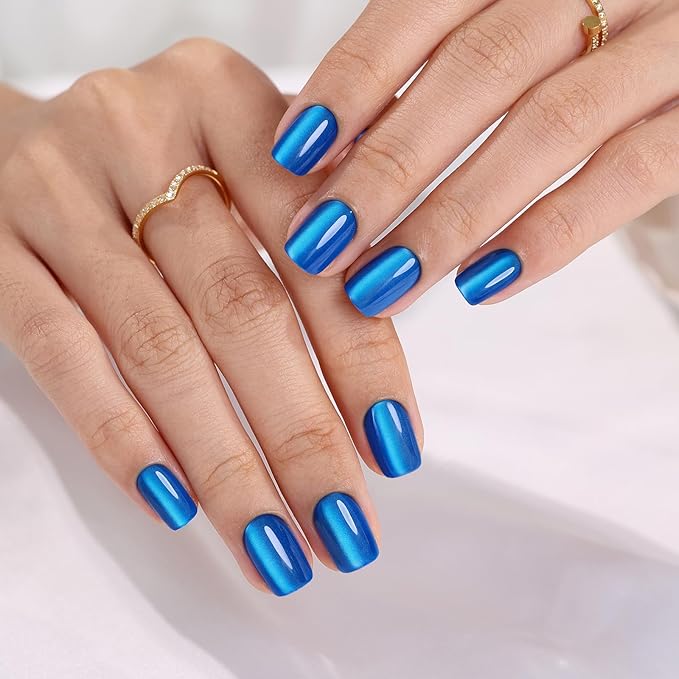 Blue Cat Eye Press on Nails Square - Soft Gel Press on Nails Short for Women Gift, Fit Perfectly & Natural Stick on Nails with Glue in 16 Sizes - 32 Reusable Fake Nails, Royal Blue