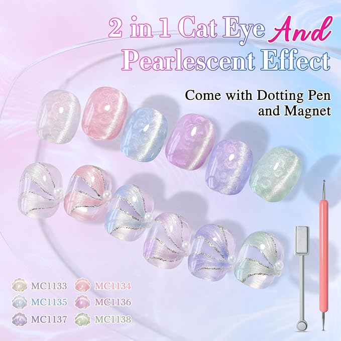 Double Rhythm Cat Eye Gel Polish Set 6 Colors Shimmer Glitter with Magnet Holographic Reflective Magnetic UV Nail Art Kit (Pearl Pink Blue Green Purple 6-Kit 44)
