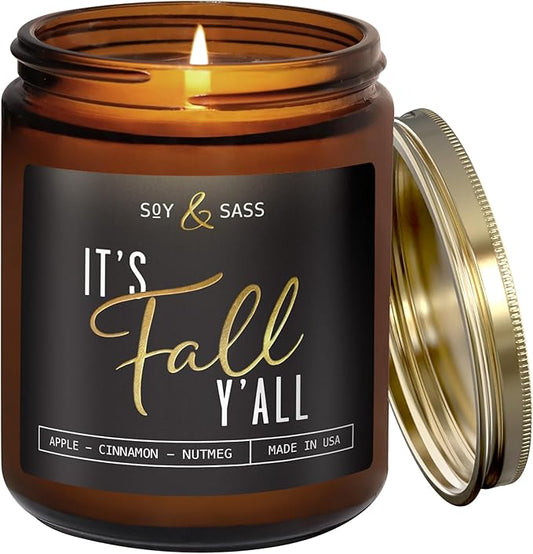 Fall Candles - 'It's Fall Yall' Fall Candle w/Apple Cinnamon & Nutmeg I Infused with Essential Oils I Autumn Fall Scented Candles I Cozy Cute Fall Décor Fall Gifts I 9oz Jar I 50Hr Burn I Made in USA