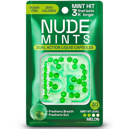 NUDE MINTS | Double Action Liquid Capsules | Mouth Watering Mint - Lasts 3x Longer - 3x Stronger - Extreme Bad Breath Solution For Adults - Sugar Free, 0 Calorie - Melon - 10 Pack - 300 Capsules