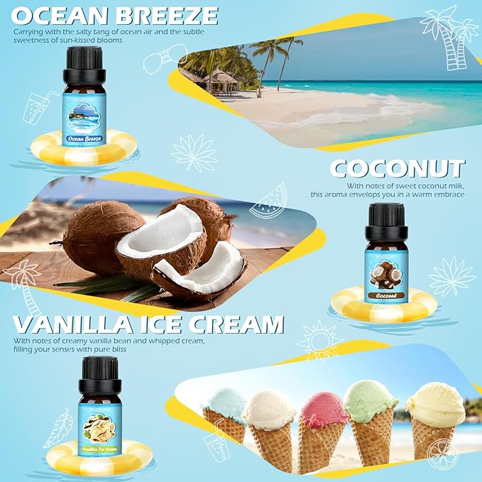 Summer Fragrance Oils Set, Premium Essential Oils for Diffuser, Natural Aromatherapy Oils for Soap Candle Making - Ocean Breeze, Coconut, Pina Colada, Watermelon, Vanilla Ice Cream, Aqua Kiss