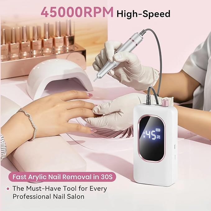 Professional Electric Nail Drill 45000RPM, Portable Nail File for Acrylic Gel Nails, Cordless Rechargeable Salon-Grade Ultra Power Nail Drill Kit for Shaping, Polishing & Removing Gel Nails