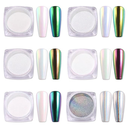 AIMEILI Pearl Chrome Nail Powder 6 Boxes Nail Art Manicure Powder Set, 1×0.5g Holographic Powder, 5×0.5g Chrome Nail Powder