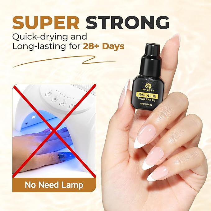 UNA GELLA Quick Drying Super Nail Glue for Press On Nails, Acrylic Nails & Nail Tips No Lamp Need Press On Nails Glue Drip Use with Opener（5ML） Long Lasting for DIY Nail Art
