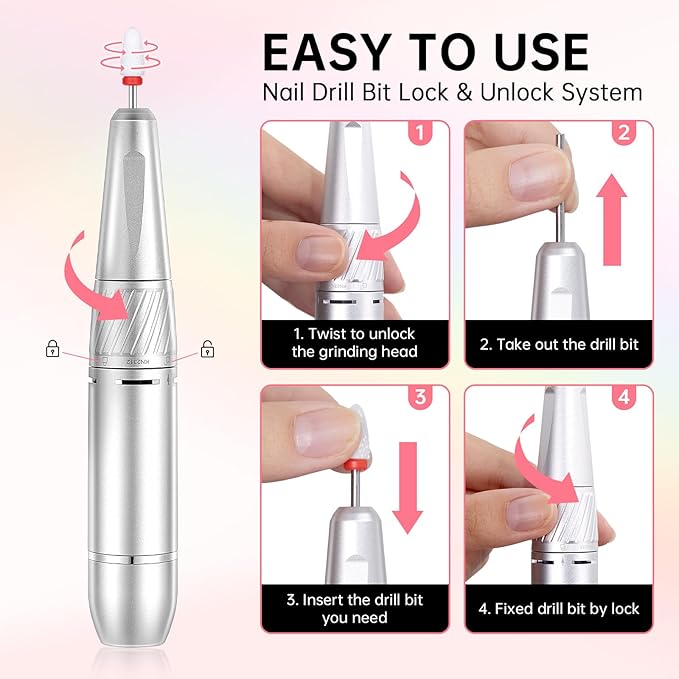Rechargeable 35000RPM Nail Drill Sparkling Portable Professional Electric Nail File for Acrylic/Gel Nails Professional Nail Tools for Manicure Pedicure, Pink