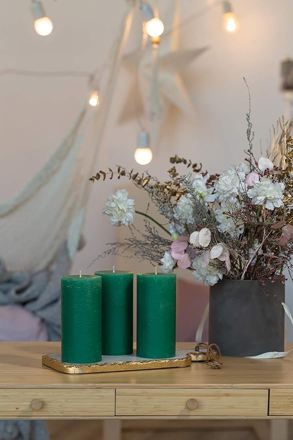 Set of 3 Pillar Candles 3" x 6" Unscented Handpoured Weddings, Home Decoration, Restaurants, Spa, Church Smokeless Cotton Wick - Dark Green