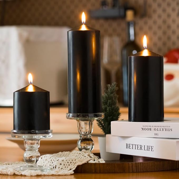MOZEAL 3" x 8" Hand-Poured Unscented Candles,Large Black Pillar Candles Set of 2,No Drip,Approx 120 Hours Long Burning,Wedding,Dinner,Halloween and Home Decor（3 Inch Diameter 8 Inch Height）
