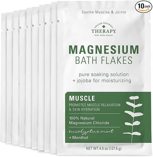 Village Naturals Therapy Muscle Magnesium Bath Flakes, Eucalyptus Mint Scent, 4.5 oz, Pack of 10