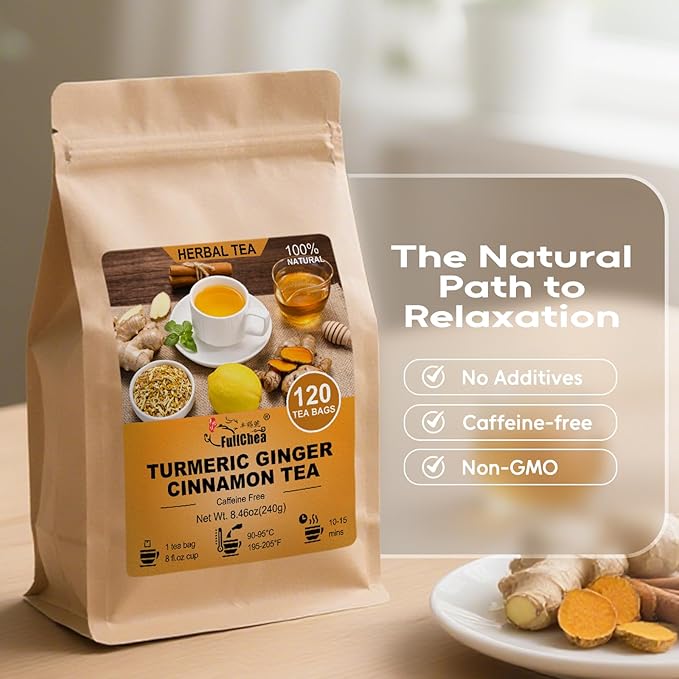 FullChea - Turmeric Ginger Cinnamon Tea Bags, 120 Teabags, 2g/bag - Premium Turmeric, Ginger, Cinnamon - Non-GMO - Caffeine-free - Aid Digestion & Boost Immunity
