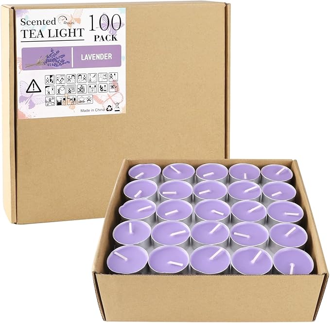 Purple Lavender Scented Tealight Candles - Giant 100 Pack Candles -Smokeless, 4 Hour Burn - Gift Set for Valentine's Day, Christmas, Weddings Centerpiece & Home Decor