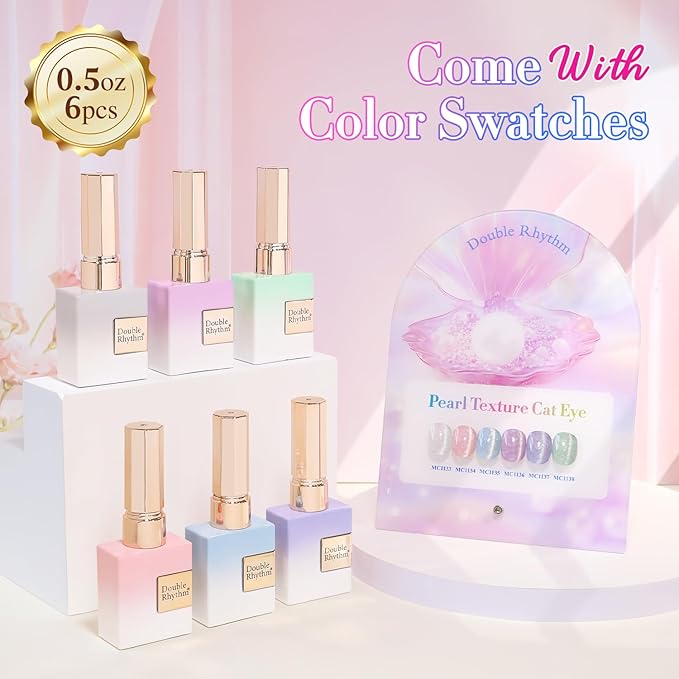 Double Rhythm Cat Eye Gel Nail Polish Set of 6 Same Color Same Bottle 0.5 Oz Shimmer Glitter with Magnet Holographic Reflective Magnetic UV Nail Polish Kit (Pearl Pink Blue Green Purple-T6-36)