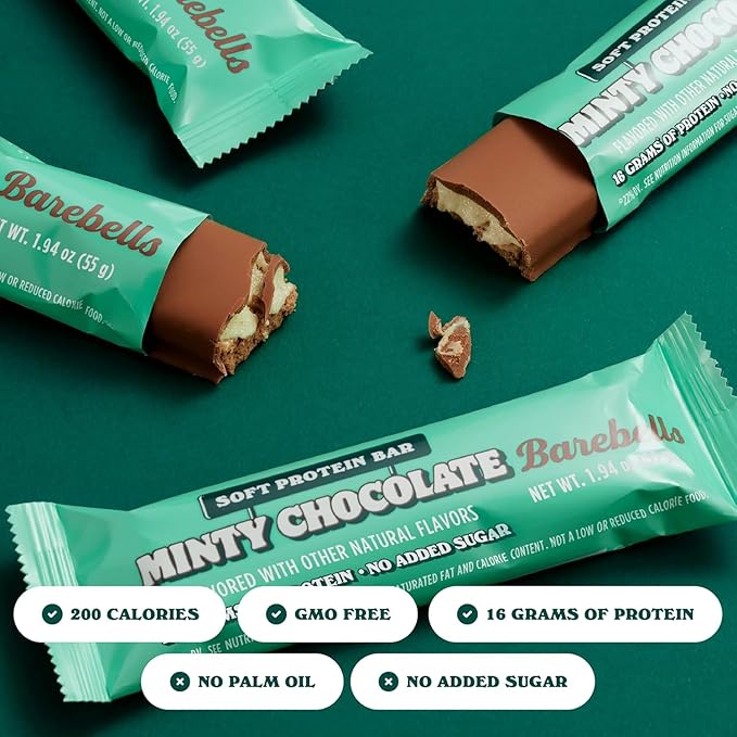 Barebells Soft Protein Bars Minty Chocolate - 24 Bars (2 Packs of 12) -16g High Protein Treats - Chocolate Nutrition Bar with 1g Total Sugars - On The Go Breakfast or Post-Workout Snack